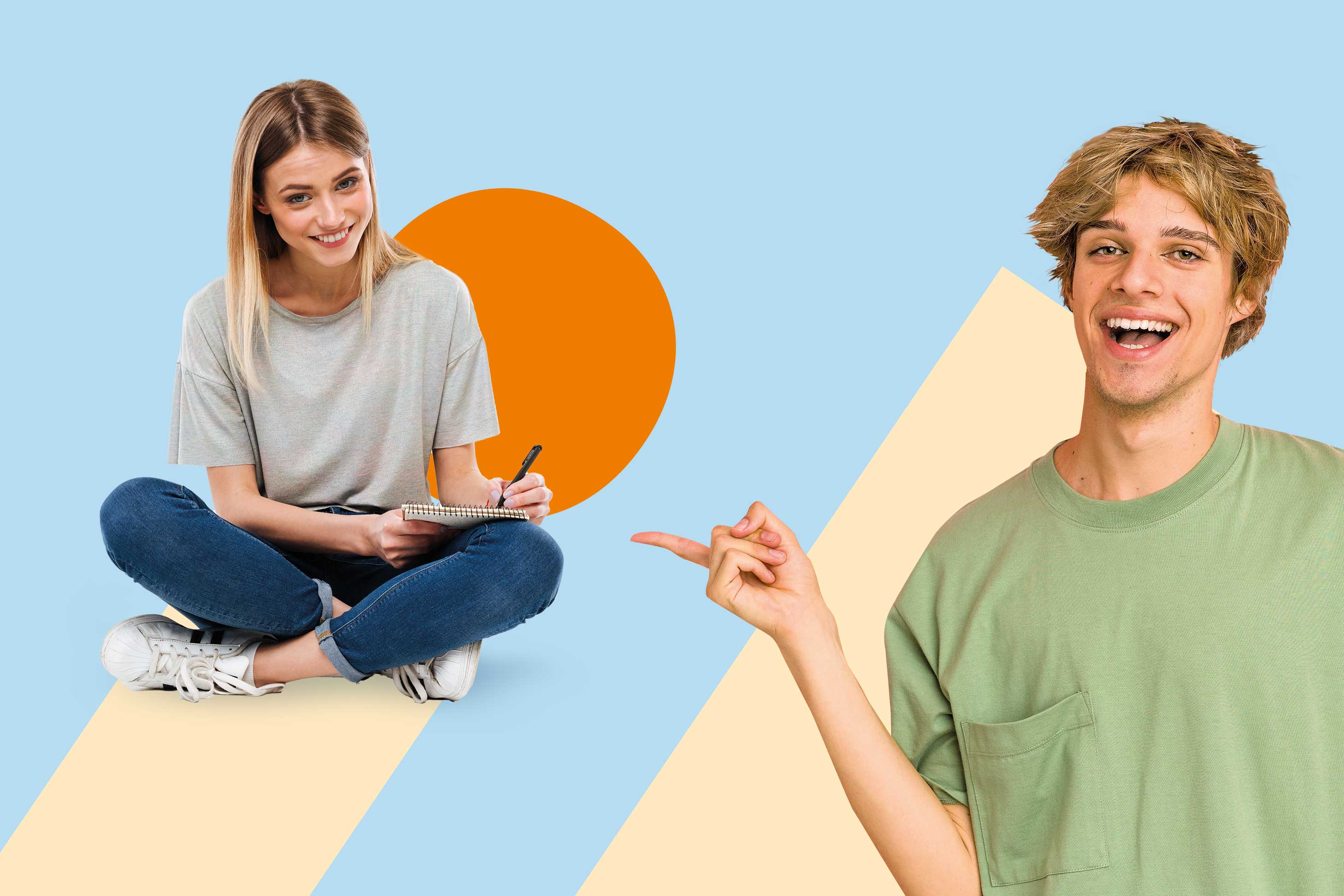 Mädchen im Schneidersitz mit Schreibbloch und fröhlicher Junge als Motivbild für den vocatium Ausbildungspreis