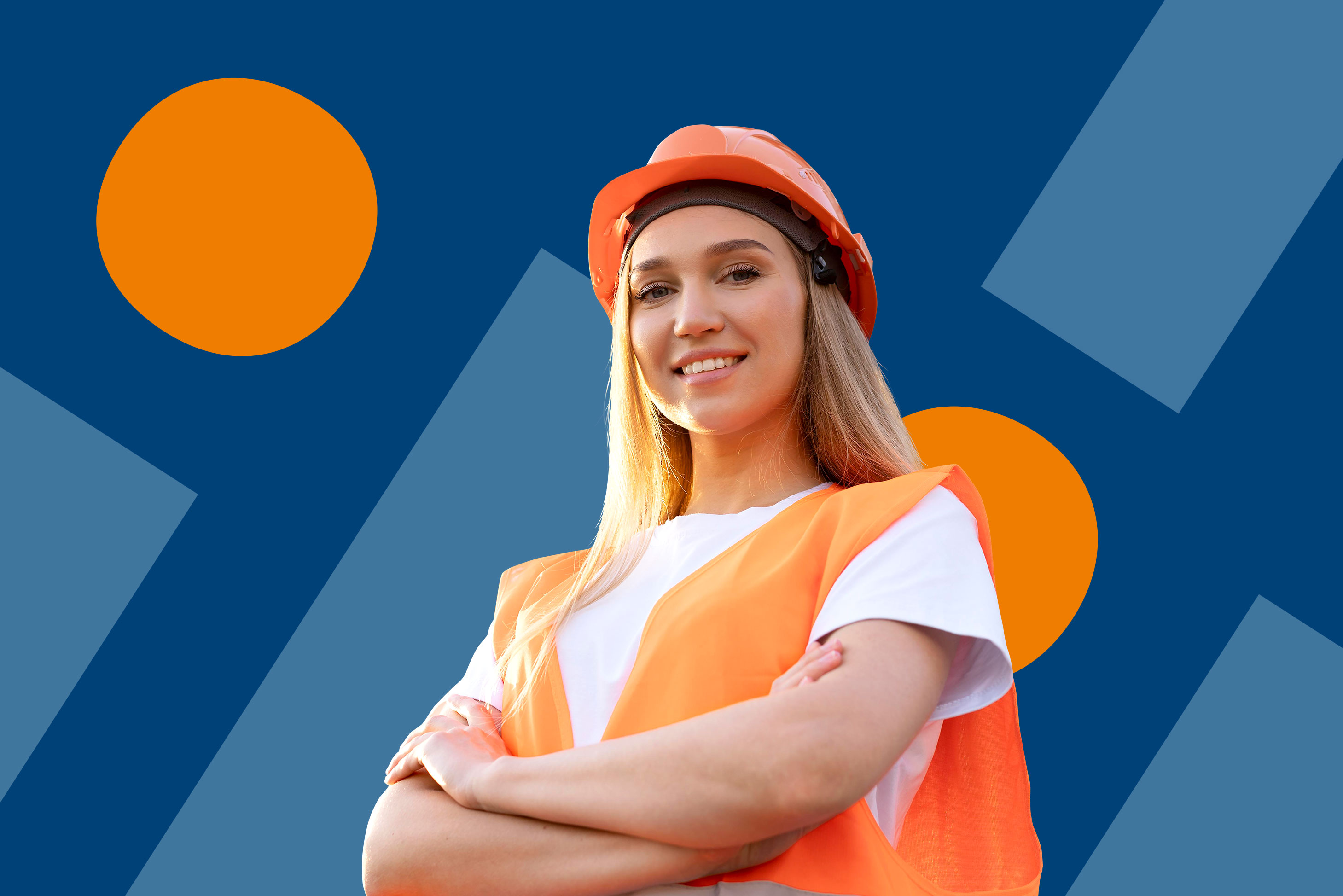 Weibliche Frau mit orangefarbener Warnweste und Bauhelm als Motiv für die Messe nordjobBau:Technik