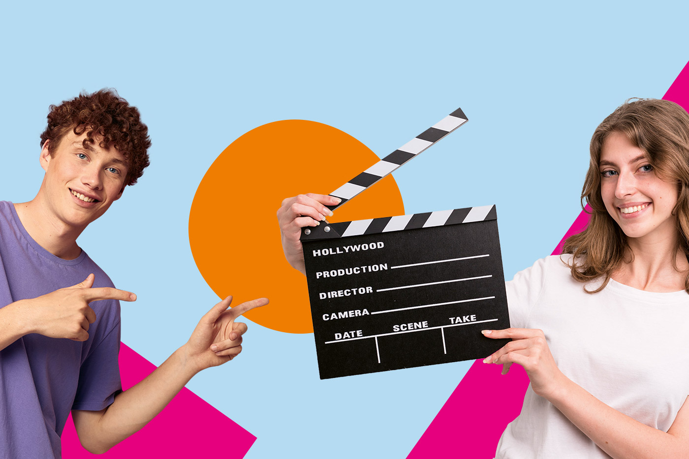 Junge und Mädchen, das Filmklappe hält.