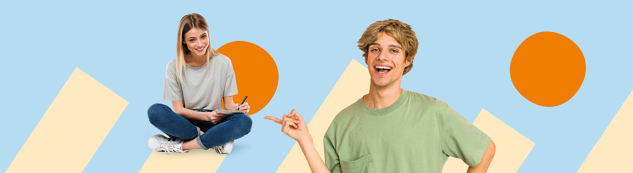Mädchen im Schneidersitz mit Schreibblock und fröhlicher Junge als Motiv für den vocatium Ausbildungspreis