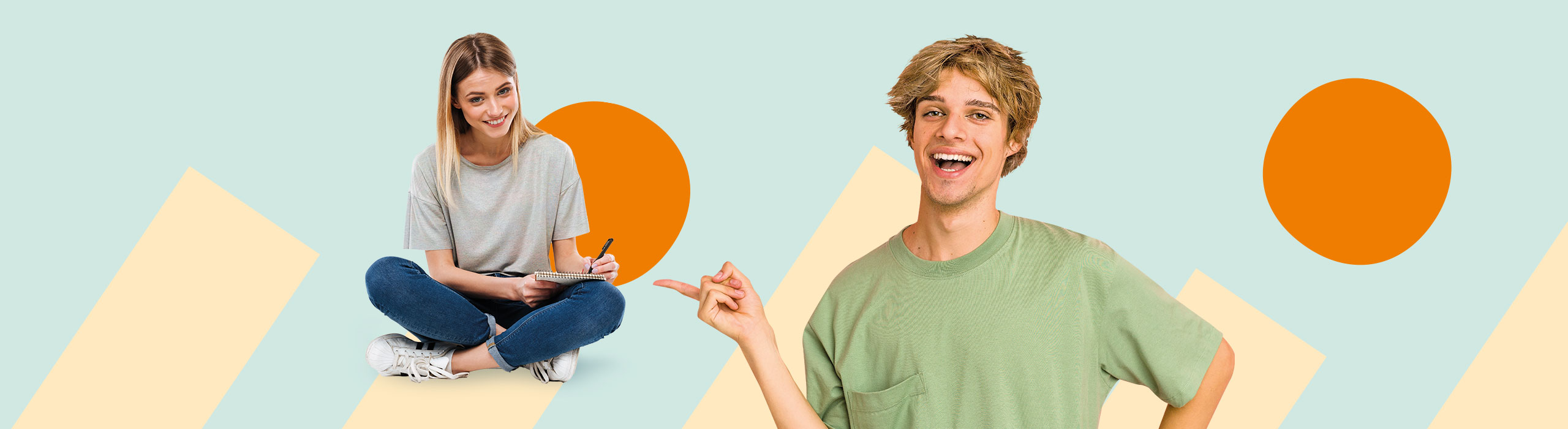 Mädchen im Schneidersitz mit Schreibblock und fröhlicher Junge als Motiv für den regionalen vocatium Ausbildungspreis